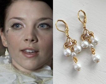 Anne Boleyn Tudors Perseverance White Pearl Gold Filigree Crystal Earrings