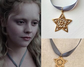 Katrina Van Tassel Sleepy Hollow Antique Or Raw Brass Star Gray Satin Ribbon Necklace