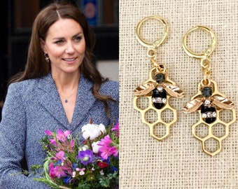 Kate Middleton Gold Honeycomb Bee Black Enamel Earrings