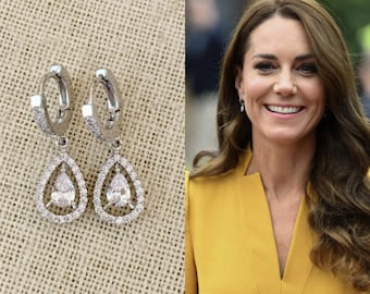 Kate Middleton Clear Crystal Pave Silver Teardrop Hoop Pear Shape Earrings