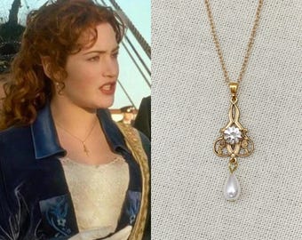 Rose Filigree Scroll Pendant White Pearl Teardrop Crystal Gold Necklace