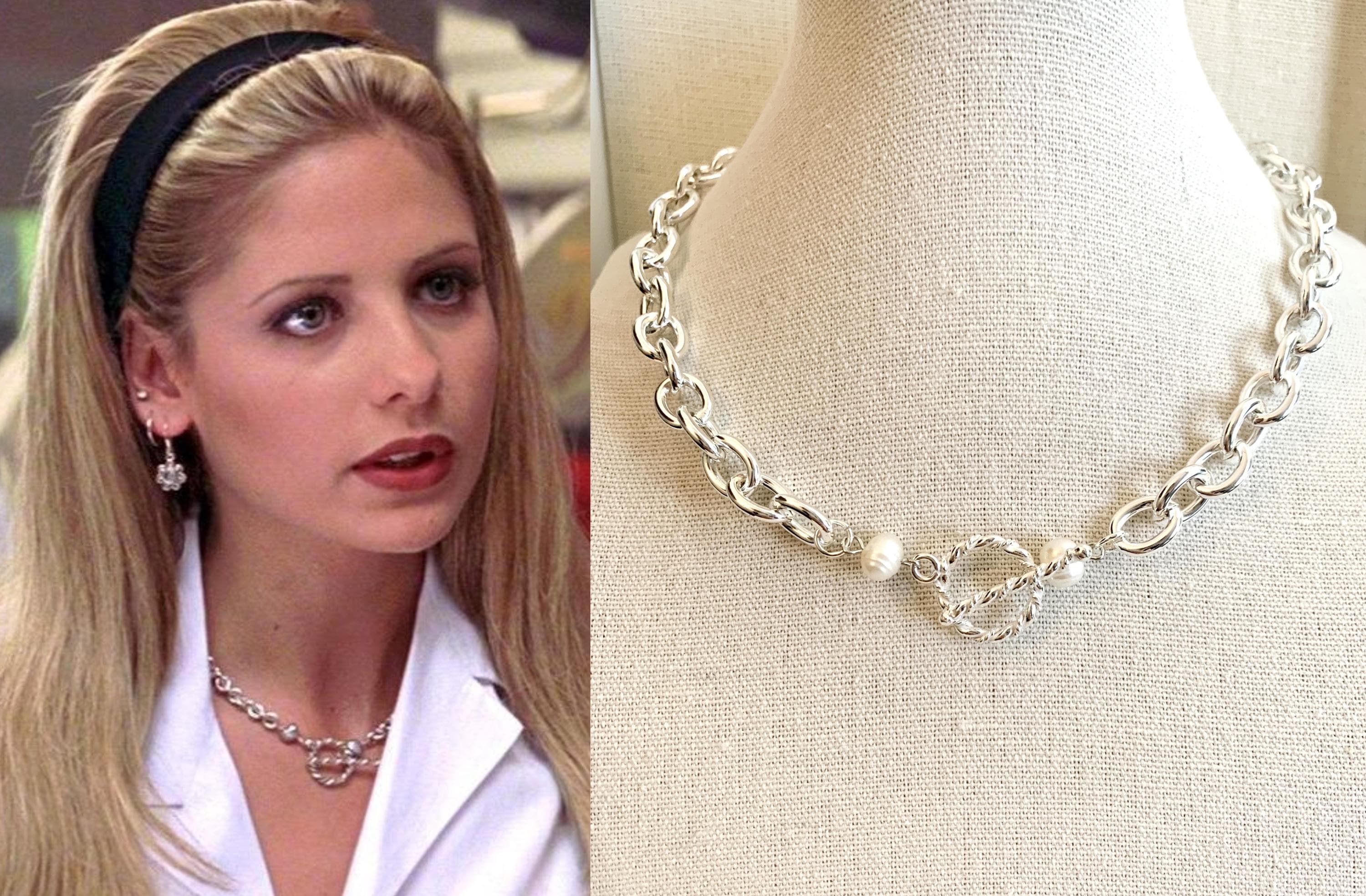 Buffy Helen Shivers Silver Chain Toggle White Freshwater Pearl