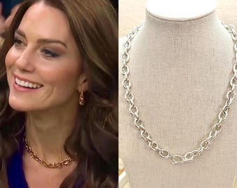 Kate Middleton Silver Thick Oval Chain Necklace Toggle Clasp