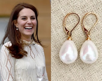 Kate Middleton 18k Gold Plated Genuine Shell Large White Pearl Teardrop Earrings Replikate Duchess of Cambridge
