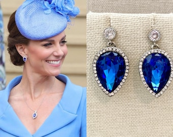 Kate Middleton Sapphire Crystal Pear CZ Silver Earrings