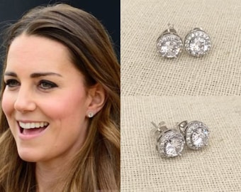 Kate Middleton 18k White Gold Halo CZ Crystal Stud Earrings