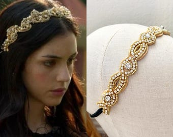 Mary Stuart Reign Gold Beaded White Opal Crystal Oval Scallop Infinity Stretch Headband