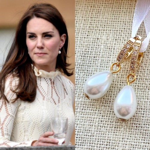 Kate Middleton Gold White Pearl Teardrop Earrings Huggie Cubic - Etsy