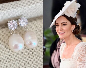 Princess Kate Double White Long Pearl Earrings on Post Sterling Silver –  Pearl Jewellery