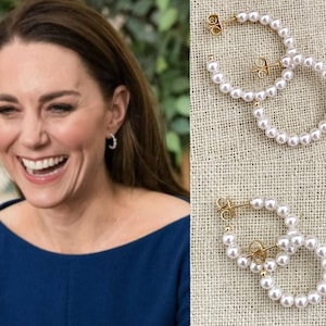 Kate Middleton 14k Gold Plated Brass White Glass Round Pearl Half Hoop Earrings