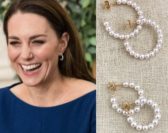 Kate Middleton 14k Gold Plated Brass White Glass Round Pearl Half Hoop Earrings