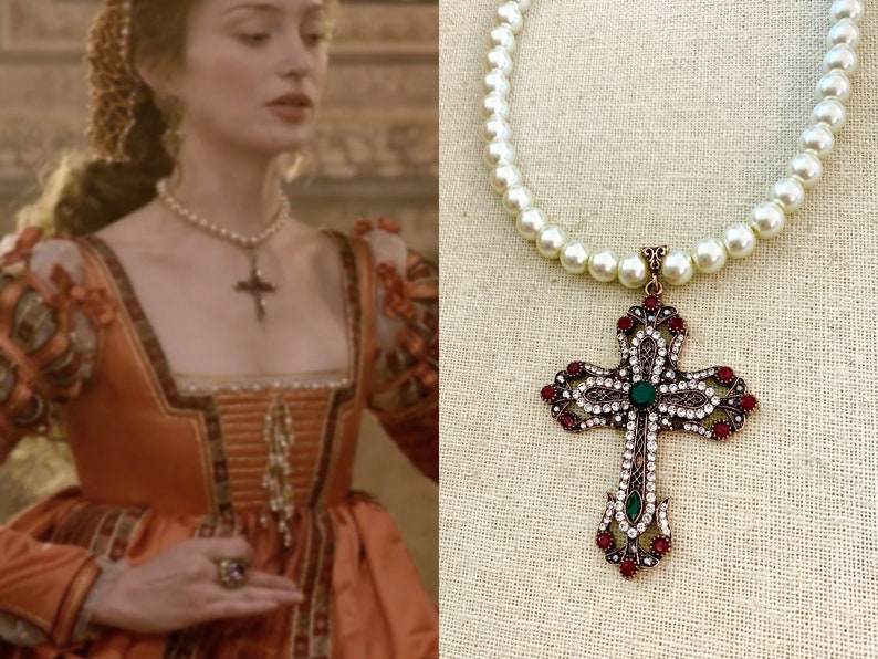 Giulia Farnese Lucrezia Borgias Ruby Emerald Crystal Hematite Rose Gold Cross Cream Pearl Renaissance Tudors Reign Necklace 