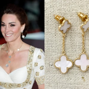 Kate Middleton 18k Gold Plated Steel White Genuine Mother of Pearl Flower Four Leaf Clover Earrings Replikate