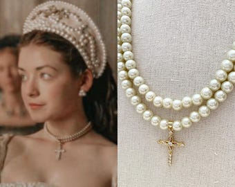 Mary Tudor Gold Cubic Zirconia Cream Pearl Double Strand Cross Necklace Tudors