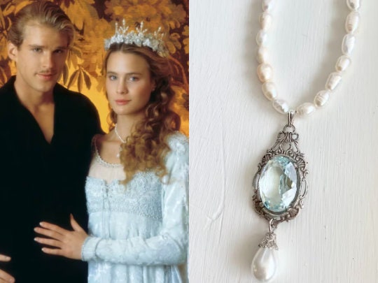 Princess Bride Buttercup Light Sapphire Blue Crystal Oval Rhinestone Silver Genuine Freshwater Pearl Wedding Necklace