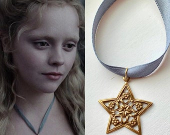 Katrina Van Tassel Sleepy Hollow Antique Brass Filigree Star Floral Gray Satin Adjustable Ribbon Necklace Pendant