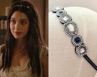 Mary Stuart Reign Gunmetal Bead Clear Rhinestone Infinity Style Black Stretch Headband Tudors
