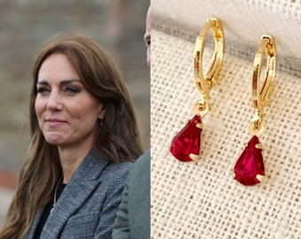 Kate Middleton Ruby Red Teardrop Crystal Gold Earring Hoops
