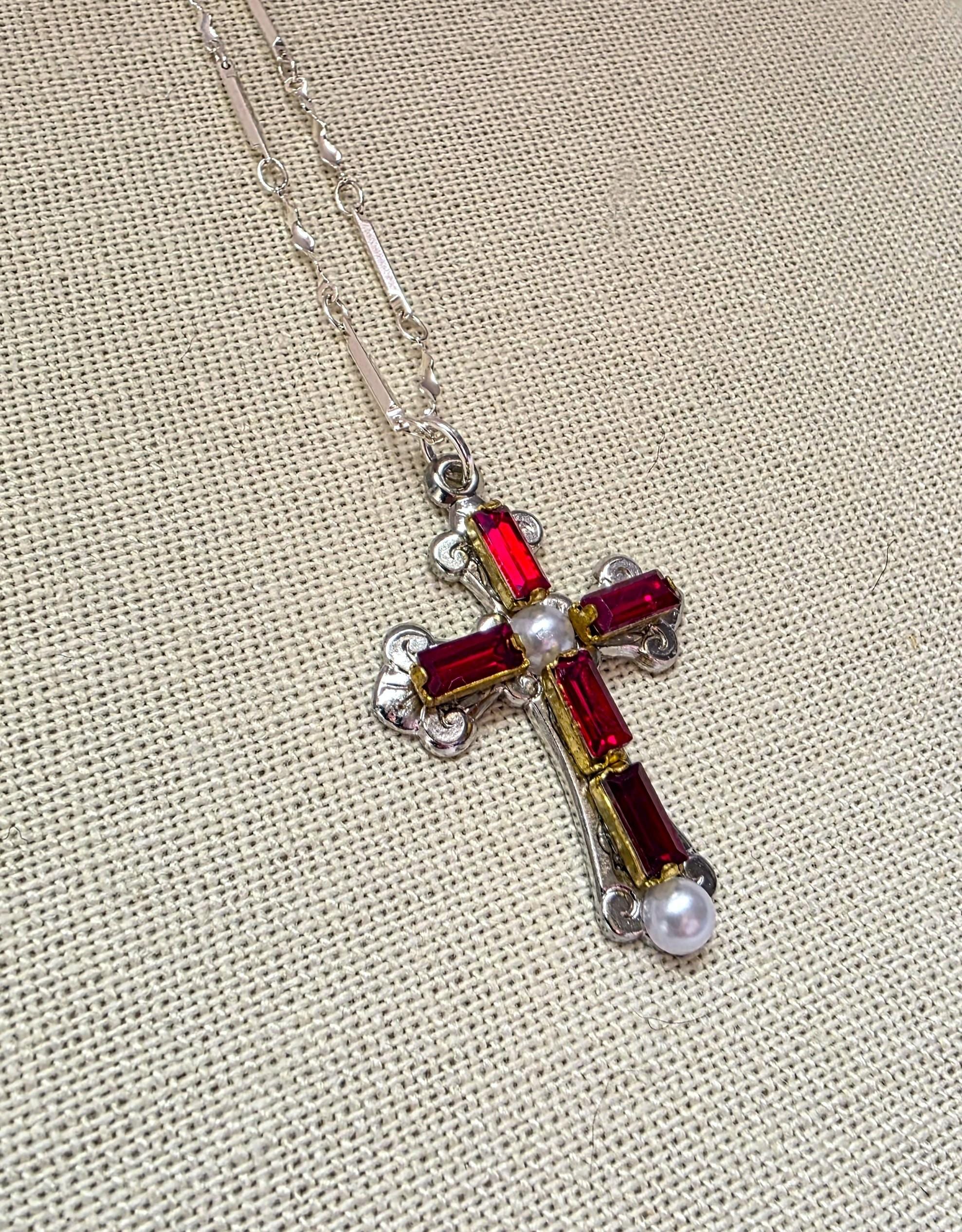 Romeo and Juliet Ruby White Pearl Silver Cross Silver Bar Chain - Etsy