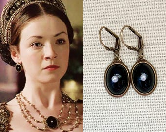 Mary Tudor Black Oval Antique Gold White Pearl Gemstone Drop Earrings Tudors Earrings