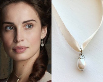 Elizabeth Warleggan Poldark White Glass Pearl Teardrop Cream Ribbon Necklace Choker