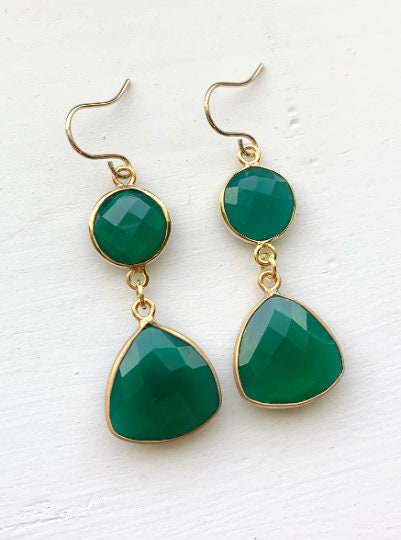 ピアス Deco 24K Gold Plated Green Onyx Drop Earrings Kate Middleton Genuine Green Onyx Gemstone 24k Gold Plated