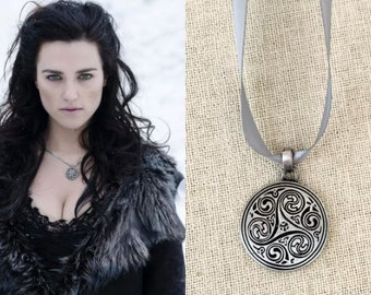 Lady Morgana Pendragon Merlin Antique Silver Triple Swirl Celtic Round Circle Knot Pendant Gray Satin Ribbon