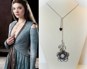 Game of Thrones Inspired Margaery Tyrell Silver Rose Chain Black Leaf Flower Necklace
