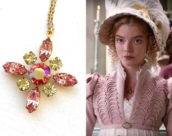 Emma Woodhouse Jane Austen Pink Yellow AB Crystal Cross Necklace