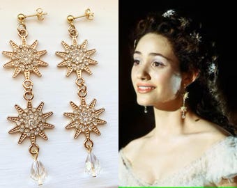 Christine Daae Phantom of the Opera Gold Rhinestone Crystal Star Dangle Earrings Clear Teardrops