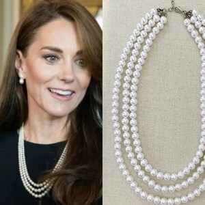 Kate Middleton White Glass Pearl Three Triple Strand Layered Necklace Queen Elizabeth Silver Replikate Duchess of Cambridge