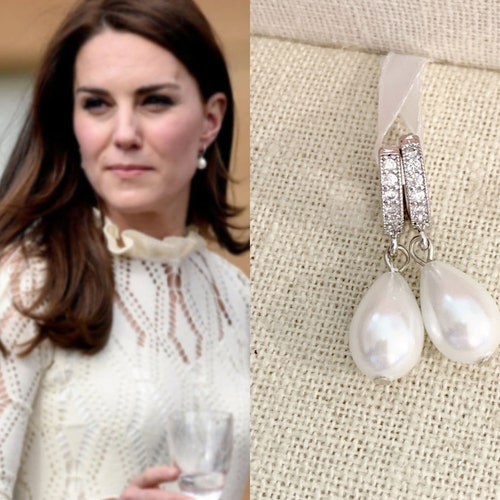 Kate Middleton Silver White Pearl Teardrop Earrings Huggie - Etsy