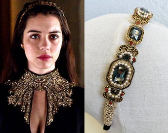 Reign Mary Stuart Black Rhinestone Pearl Antique Gold Headband
