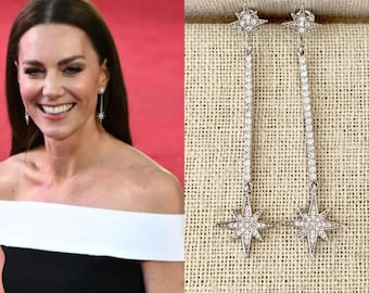 Kate Middleton Silver Cubic Zirconia Star Long Dangle Earrings