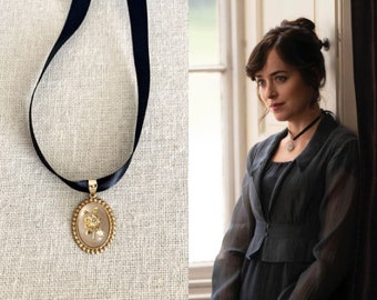 Anne Elliot Persuasion Jane Austen White Frost Cameo Gold Roses Black Satin Ribbon Choker