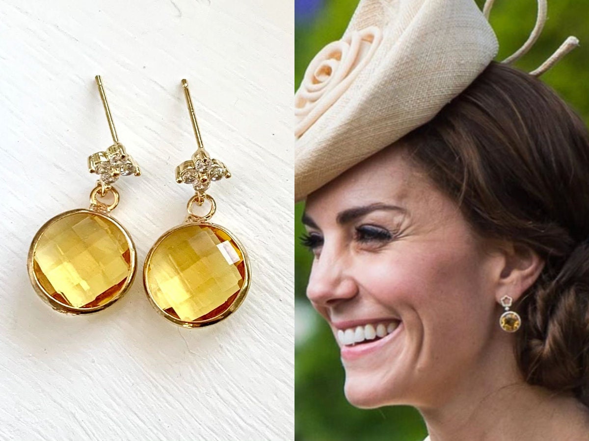 Kate Middleton Citrine Round Gold Plated Drop Earrings Cubic | Etsy