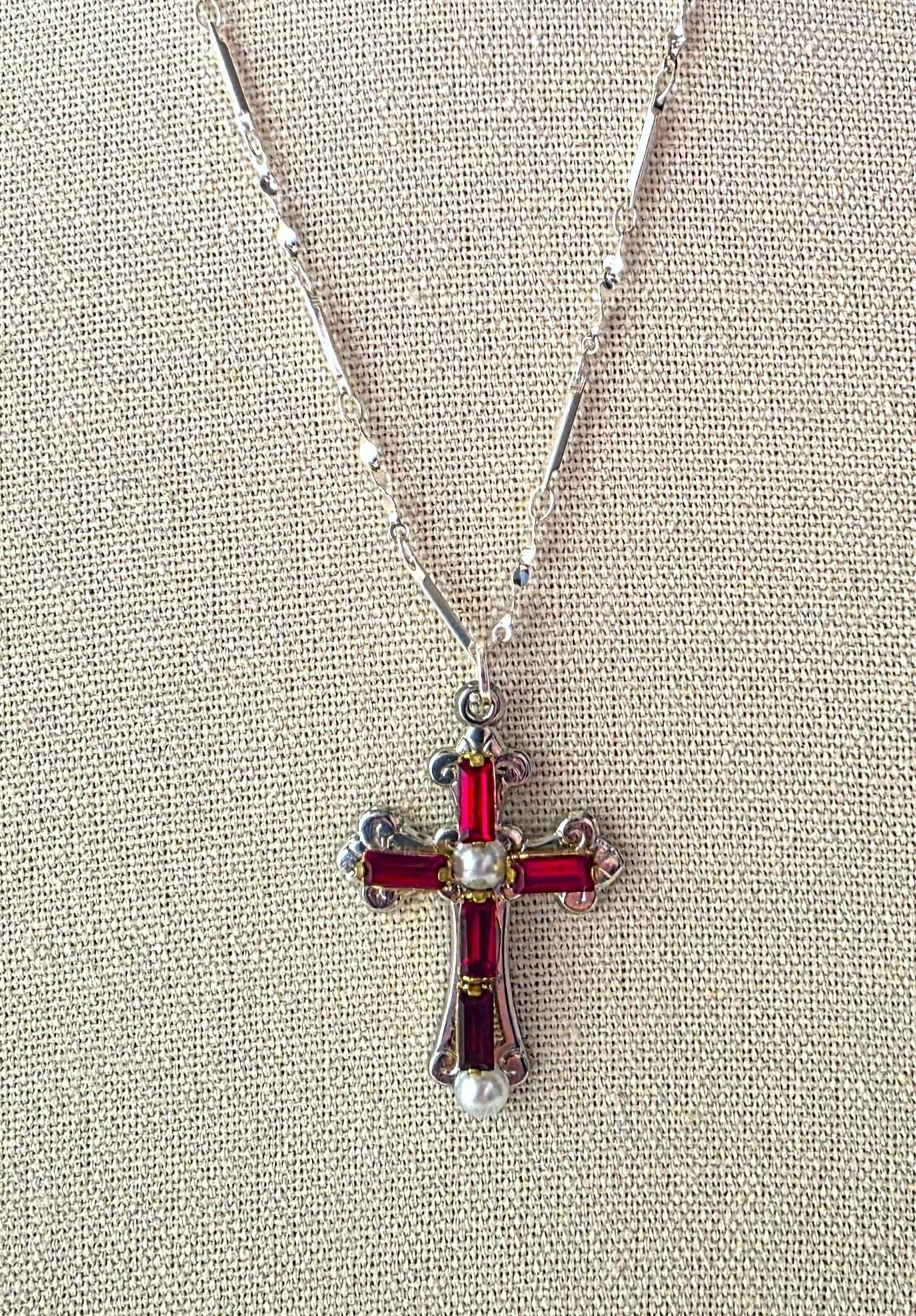 Romeo and Juliet Ruby White Pearl Silver Cross Silver Bar Chain - Etsy