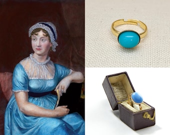 Jane Austen Gold Blue Turquoise Glass Oval Stone Regency Ring