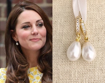 Kate Middleton Gold White Pearl Teardrop Earrings Huggie Cubic | Etsy
