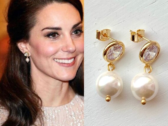 Kate Middleton White Pearl Gold Cubic Zirconia Round Dangle | Etsy