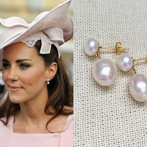 Kate Middleton 14k Gold Cultured White Baroque Double Pearl Teardrop Stud Earrings