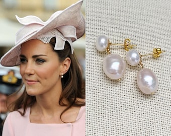 Kate Middleton 14k Gold Plated Cultured White Baroque Double Pearl Teardrop Stud Earrings Replikate Duchess Cambridge Princess Wales