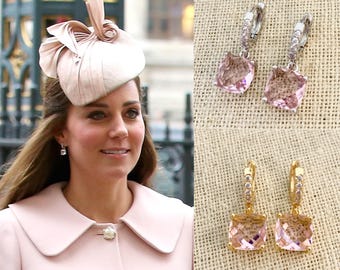 Kate Middleton Light Pink Crystal Square Drop Earring Silver Or Gold Hoop Pave