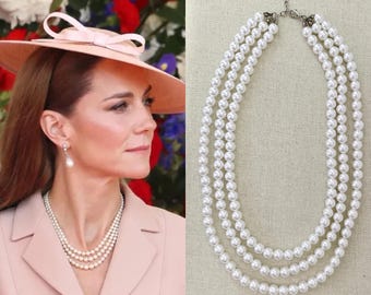 Kate Middleton Bright White Glass Pearl Three Triple Strand Layered Necklace Queen Elizabeth Silver Replikate Duchess of Cambridge