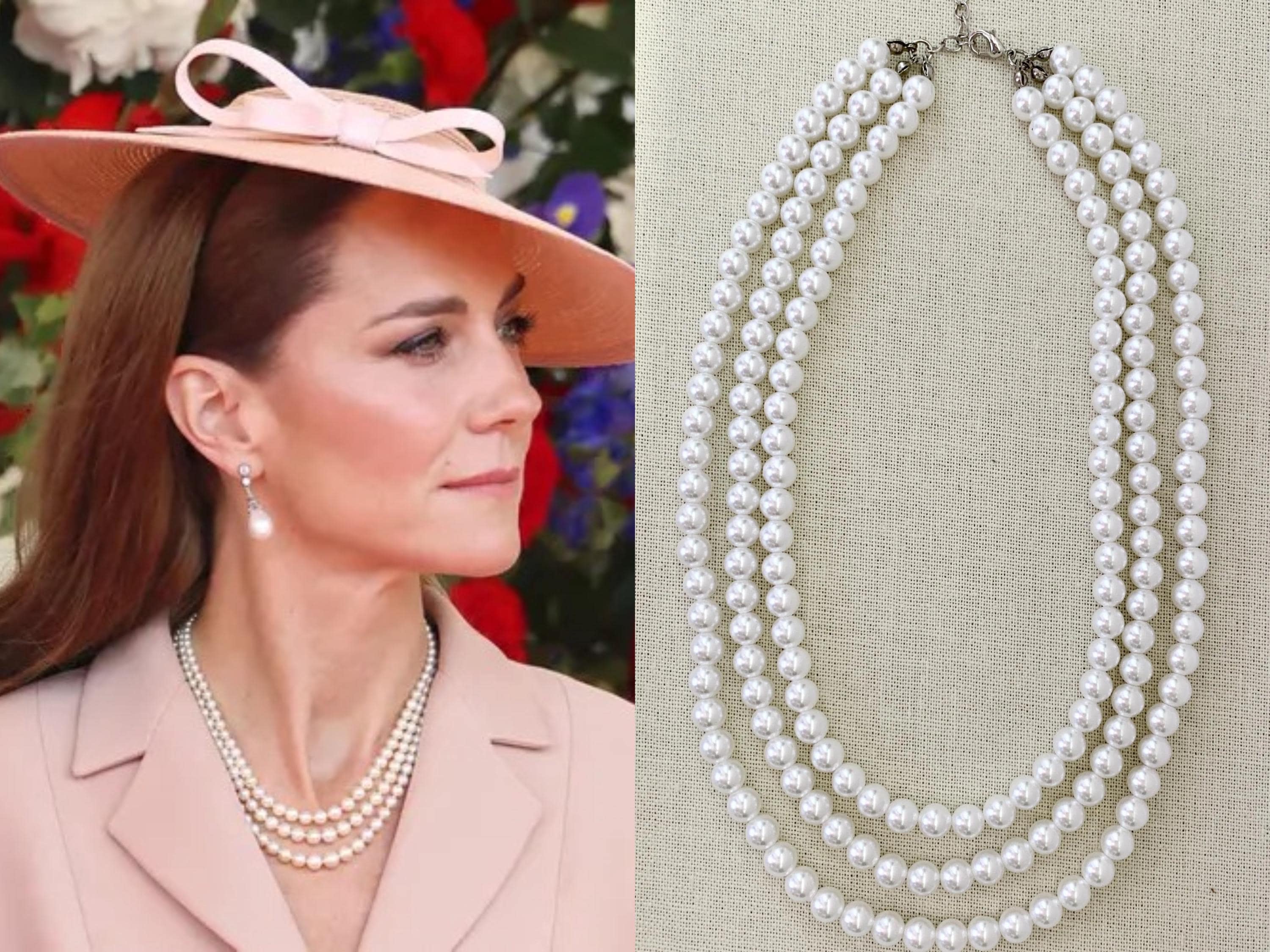 ネックレス・ペンダント LAZY DAWN middle pearl necklace Kate Middleton Bright White Glass Pearl Three Triple Strand