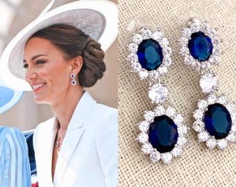 Kate Middleton Sapphire Oval CZ Silver Double Drop Earrings