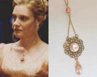 Emma Woodhouse Jane Austen Peach Pearl Teardrop Filigree Regency Necklace