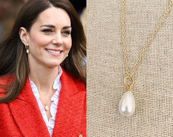 Kate Middleton Gold White Pearl Teardrop Earrings Huggie Cubic - Etsy