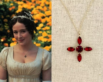 Elizabeth Bennet Pride And Prejudice Garnet Crystal Gold Brass Cross Pendant Chain Necklace