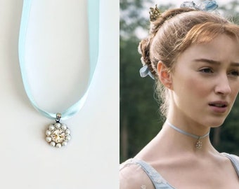 Bridgerton Daphne Light Blue Satin Ribbon Choker Antique Silver Crystal Cream Pearl Flower Charm